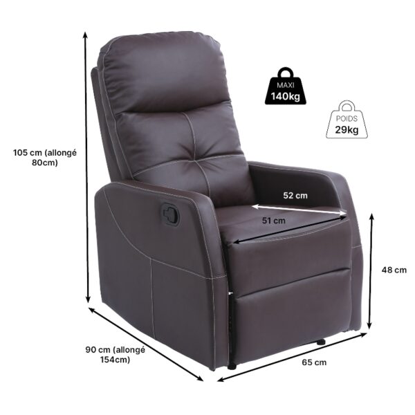 Fauteuil de relaxation Mercato simili-cuir chocolat – Image 2