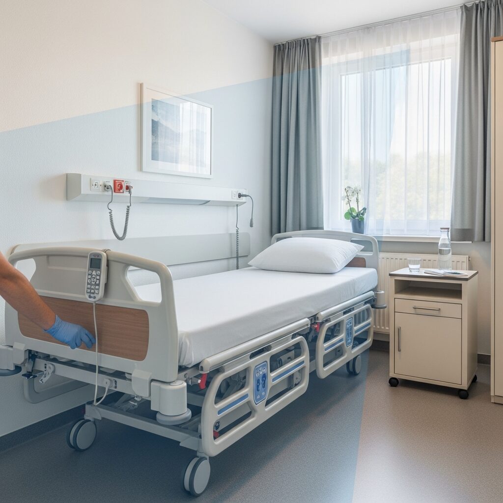 Illustration immersive du sujet : lit médicalisé petite chambre