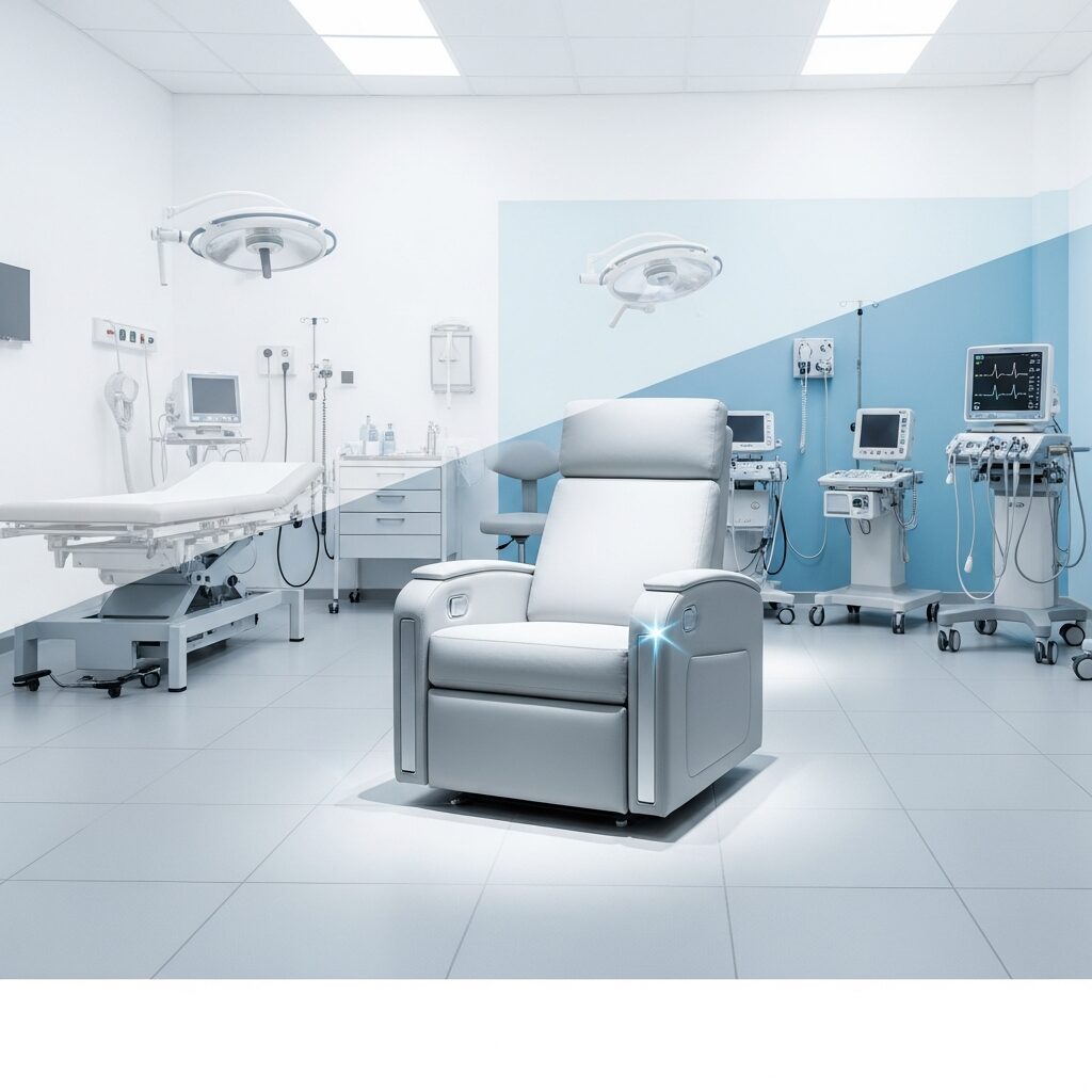 Illustration immersive du sujet : fauteuil releveur lit médicalisé