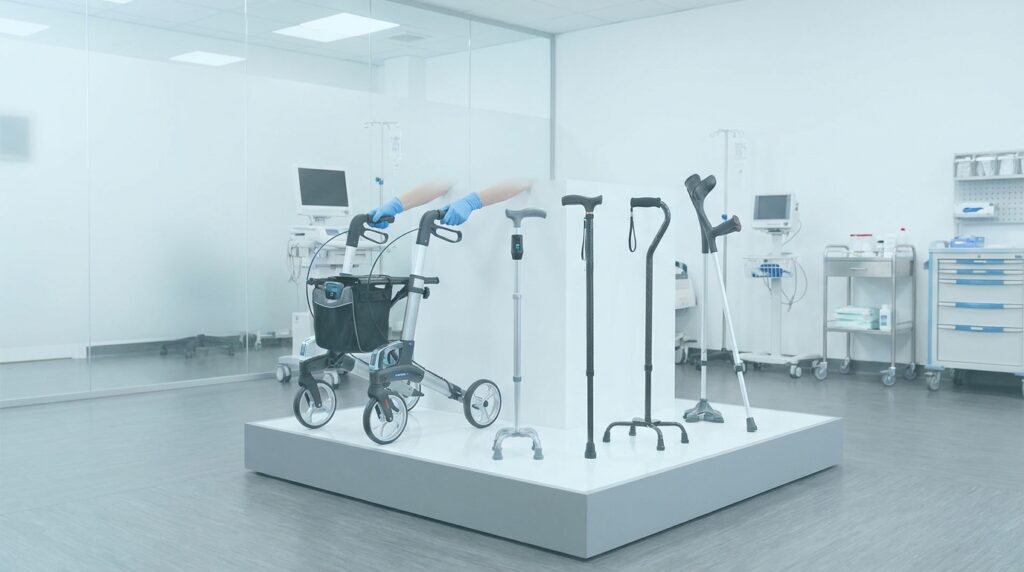 Illustration immersive du sujet : équipements aide à la marche senior